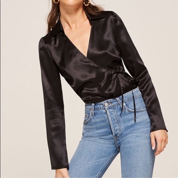 Reformation Silk Smith Top Long Sleeve Shirt V Neck Wrap Blouse in Black - Picture 3 of 12